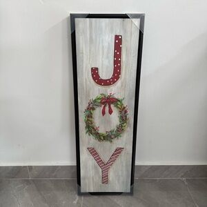 NWOT Joy Christmas Wreath Winter Striped Framed Canvas Wall Hanging Home Decor